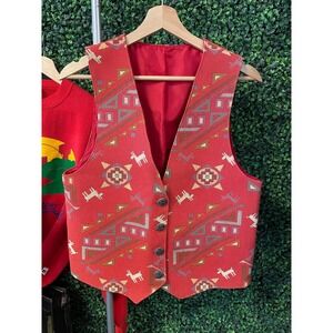 vtg 90s WESTERN HANDMADE VEST Button Up medium // art shapes Aztec tribal farmer